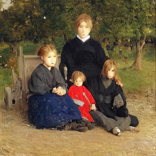 Prompt: a family portrait of a caucasian family from 2 0 0 9, all dressed in japanese streetwear, by albrecht anker, jules bastien - lepage, william henry hunt, beautiful painting, soft lighting