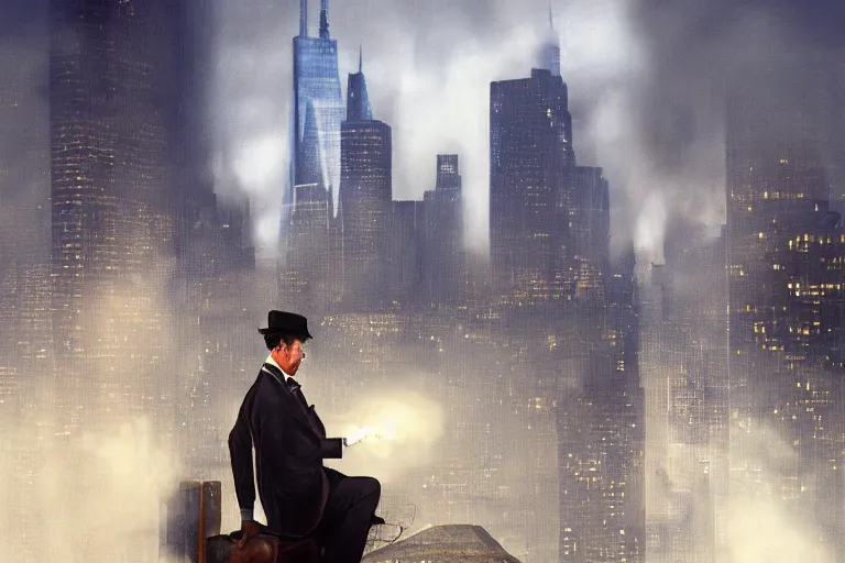 Image similar to beautiful face, portrait profile sherlock holmes tobacco pipe on a perch facing the city at night, smoke rising from pipe, smooth, focus, highly detailed, hyper realistic, dramatic lighting, intricate, concept art, new york skyline, looking down, movie still, art by wlop, greg rutowski, artstation