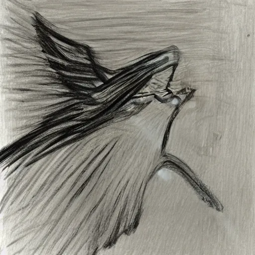 Image similar to a charcoal sketch of a flying bird in a cage, black and white, low detail