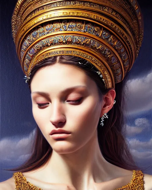 Prompt: portrait of a beautiful goddess, enigmatic beauty, head in focus, intricate, esoteric, elegant, highly detailed, hyperrealistic painting, concept art, painterly, sharp focus, art by