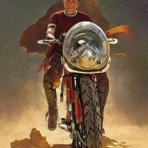 Image similar to STAR TREK motorbike designed in ancient Greece, (SFW) safe for work, photo realistic illustration by greg rutkowski, thomas kindkade, alphonse mucha, loish, norman rockwell