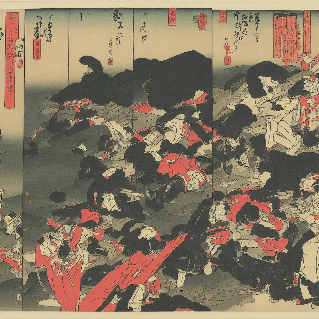 Prompt: Robots fighting in front of Mt Fuji, cherry blossoms, Ukiyo-e by Utagawa Kuniyoshi