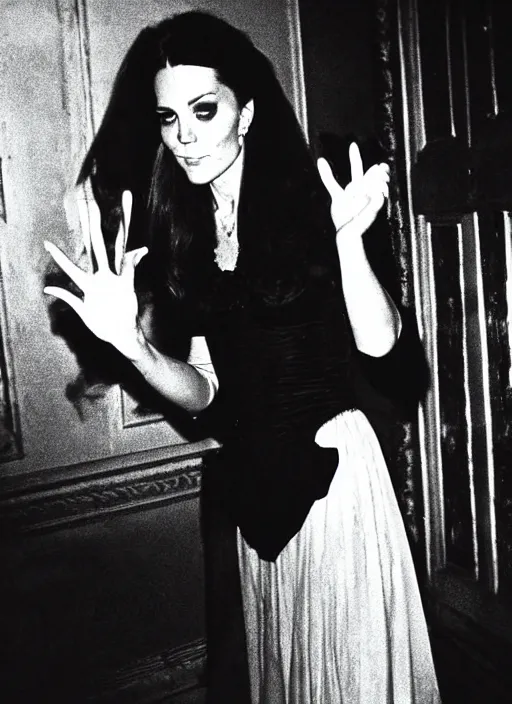 Image similar to candid photo of kate middleton as a gothic vampire in the 1980s, haunted house interior, ghostly figure, scary, 80s aesthetics,