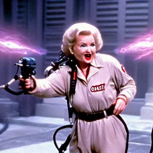Image similar to stunning awe inspiring betty white as a ghostbuster in the movie ghostbusters, movie still 8 k hdr atmospheric lighting
