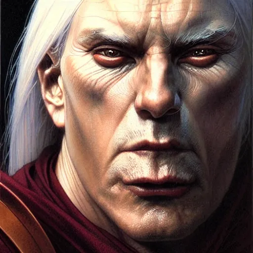 Image similar to portrait of raistlin majere, dark, piercing eyes, gentle expression, esoteric clothing, photorealistic, highly detailed, artstation, smooth, sharp focus, art by michael whelan, artgerm, greg rutkowski and alphonse mucha