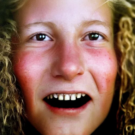 Image similar to a candid extreme closeup portrait of an expressive face of a delighted young woman by annie leibovitz