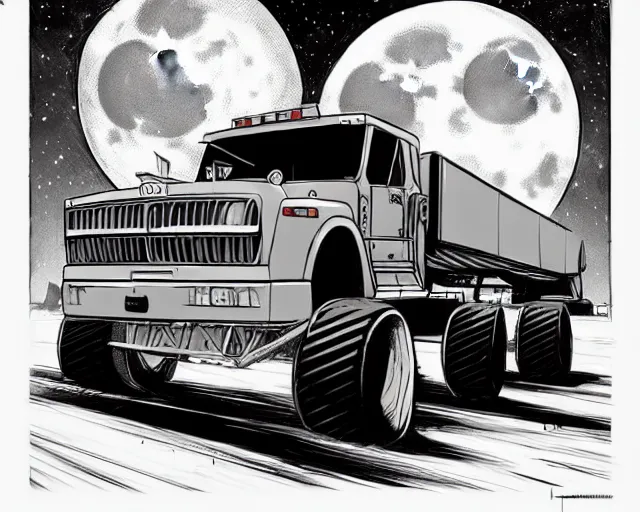 Image similar to a study of cell shaded cartoon huge truck limousine, in front of a big moon, illustration, wide shot, muted colors, post grunge, concept art by josan gonzales and wlop, david rubin, mike mignola, laurie greasley, highly detailed, sharp focus, trending on artstation, hq, deviantart, art by artgem