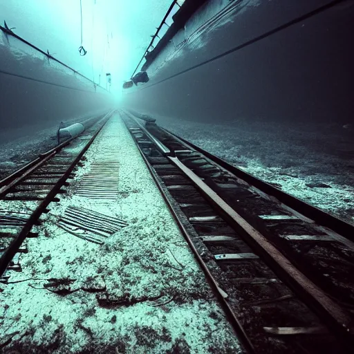 Image similar to abandoned train underwater, scary atmosphere, 8 k