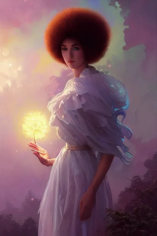 Image similar to bob ross android, dreamy and ethereal, ( colour ) eyes, peaceful expression, ornate frilly dress, fantasy, intricate, elegant, rainbow bubbles, highly detailed, digital painting, artstation, concept art, smooth, sharp focus, illustration, art by artgerm and greg rutkowski and alphonse mucha