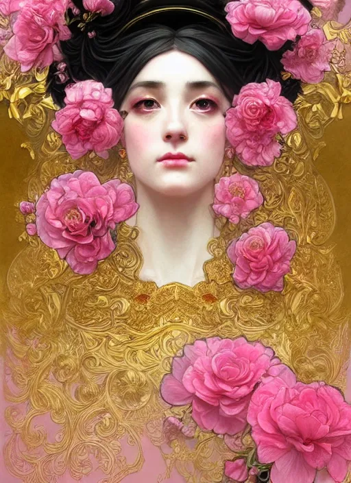 Image similar to beautiful black pink yellow, complicated gold and pink flowers in baroque style headwears, dark fantasy, intricate, elegant, highly detailed, digital painting, artstation, concept art, matte, 3 d 8 k octane rendered, sharp focus, illustration, octane rendered, art by artgerm and alphonse mucha, leesha hannigan