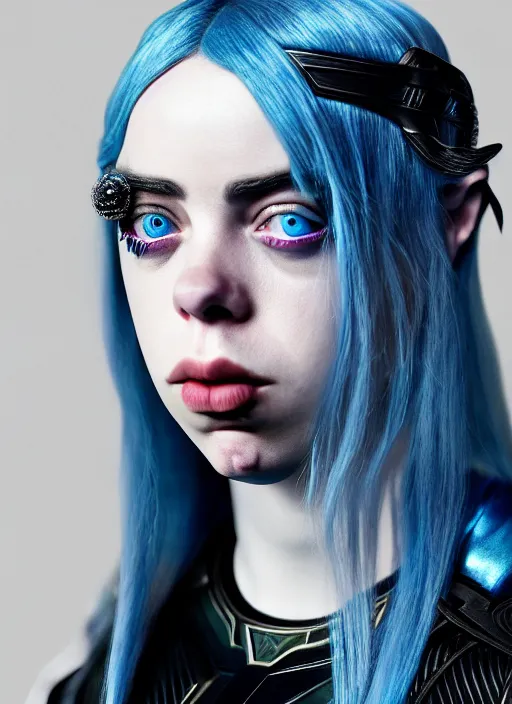 Image similar to Billie Eilish as female loki by, hyper detail, hyper realistic, octane render, noir, gorgeous symmetrical face, elegant,