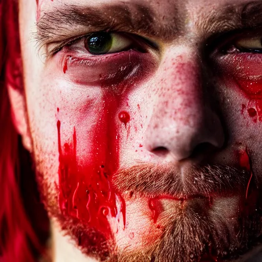 Image similar to Portrait of a crying man with tears of blood with red hair, 50 mm, hyper-realistic, 8K HDR.