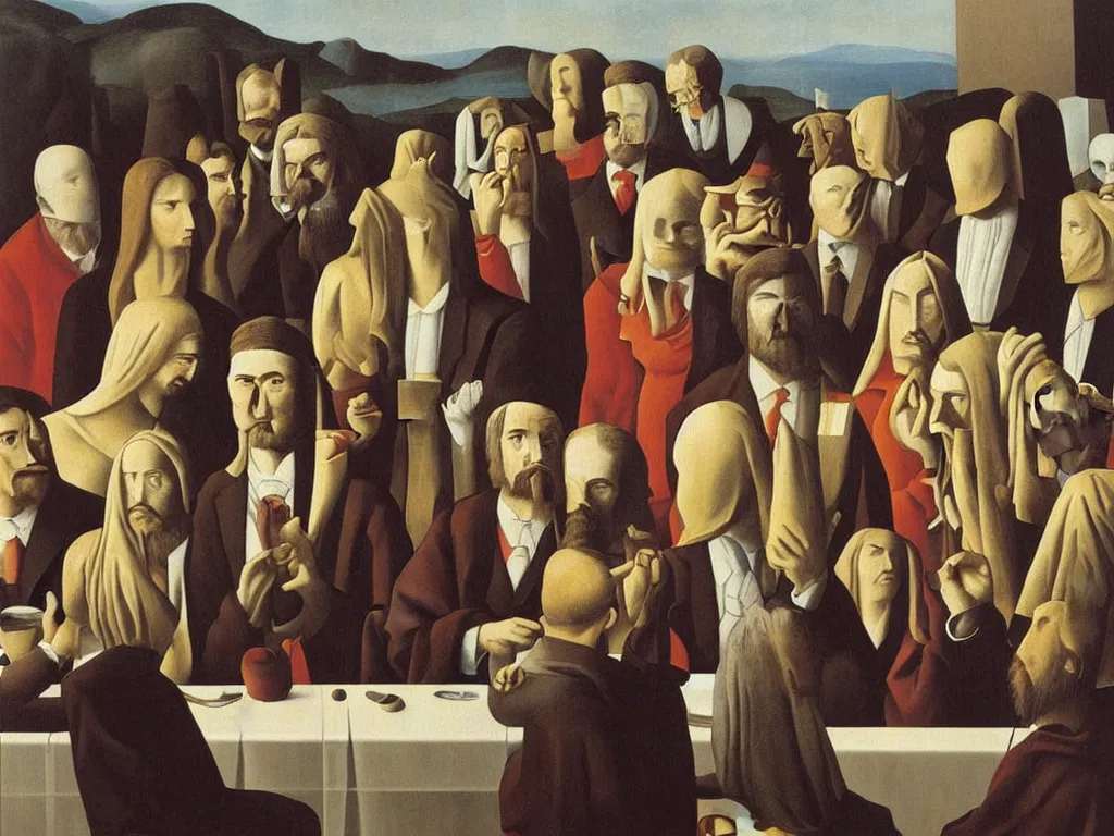 Prompt: crowded last supper painting magritte, renaissance, american gothic