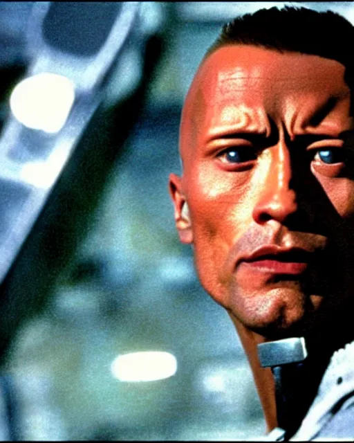 Image similar to Film still close-up shot of Dwayne Johnson as the T-1000 from the movie Terminator 2. Photographic, photography