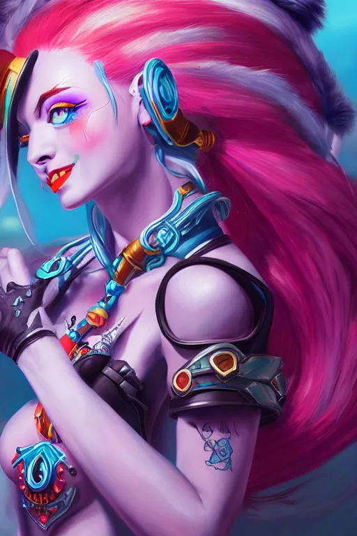 Image similar to a ultradetailed beautiful painting of jinx from arcane, trending on artstation