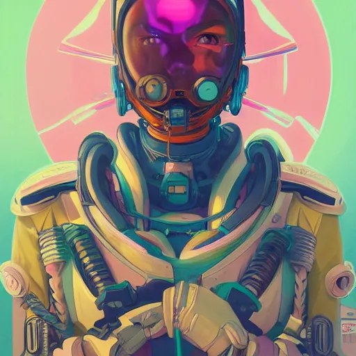 Image similar to high quality high detail portrait of a diesel punk cyber overwatch character in an alien world, tristan eaton, victo ngai, artgerm, rhads, ross draws, hyperrealism, intricate detailed, alphonse mucha, 8 k, sci - fi, pastel colors, artstation,