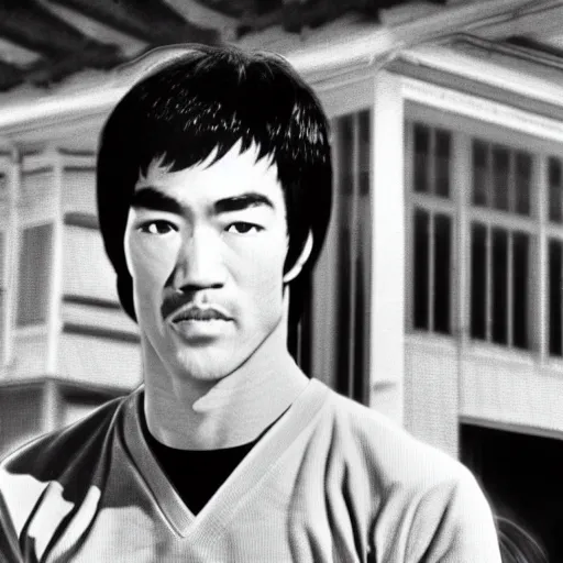 Image similar to 8 k portrait photograph of bruce lee, a blurred wafflehouse in the background