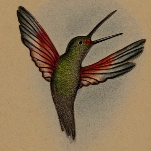 Image similar to an ancient book containing a humming bird drawing , worn out pages, baroque, sketch