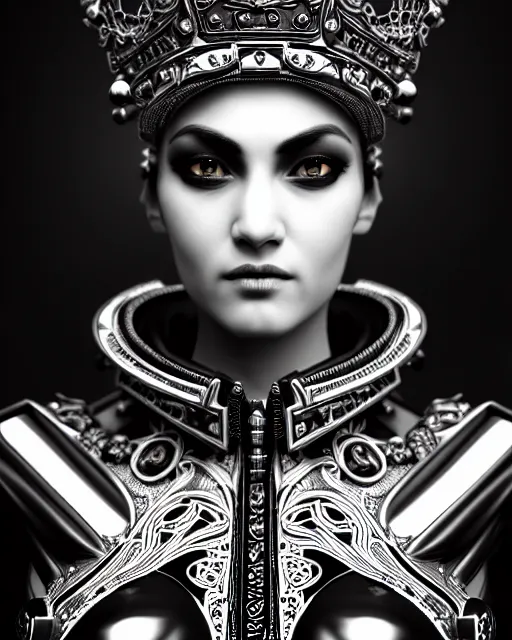 Prompt: black and white side portrait ultra detailed, beautiful female android with steampunk mechanical detailed ornate skin, crown, deity, sharp focus, highly detailed global illumination, concept art. 8 k