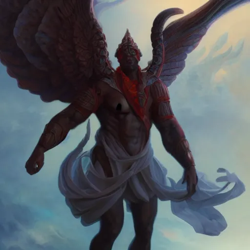 Image similar to full body shot of a male god with wings on his shoulder, digital art by raymond swanland and peter mohrbacher, 8 k,