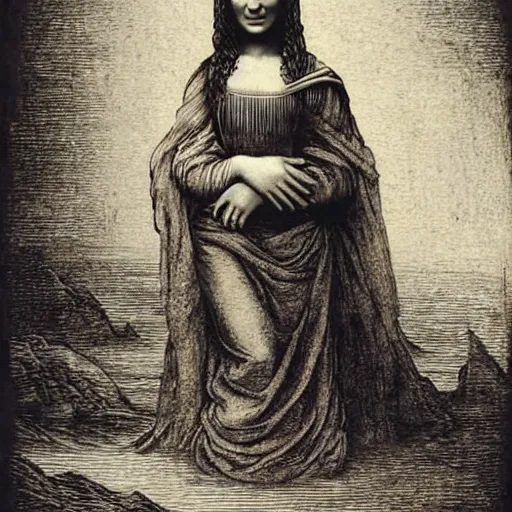 Image similar to monalisa in the style of Gustave Doré!!!!!!!!!!!!!!!!!!!, etching, etching, etching painting, etching!!!!!!!!!!!!!!!!!!!, wood-engraving!, Gustave Doré, Gustave Doré, Gustave Doré!!!!!!!!!!