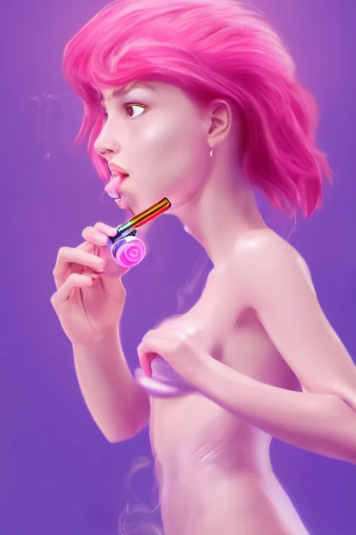 Image similar to Beautiful, Cute Woman Breathing Through a Handheld Pink Vapor Inhaler in her Mouth, side view, fantasy, magic, ultra detailed, digital art, trending on artstation, illustration