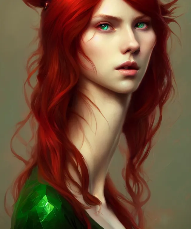 Image similar to Fae teenage girl, portrait, face, long red hair, green highlights, fantasy, intricate, elegant, highly detailed, digital painting, artstation, concept art, smooth, sharp focus, illustration, art by artgerm and greg rutkowski