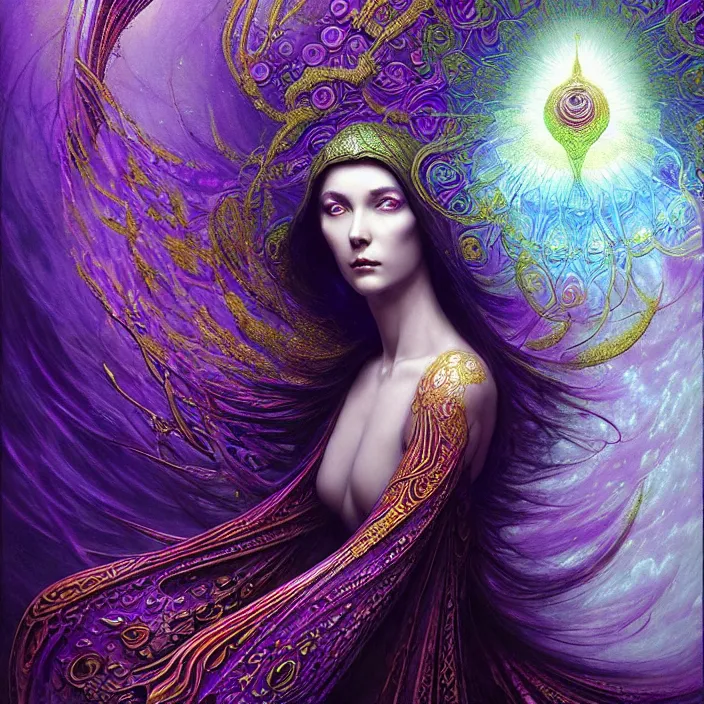 Image similar to depicting a beautiful female radiant holy cleric, in the style of h. p. lovecraft, exuberant organic elegant forms, by karol bak and filip hodas : : 1. 4 purple, red, blue, green, black intricate mandala explosions : : intuit art : : turbulent water backdrop : : damask wallpaper : : atmospheric