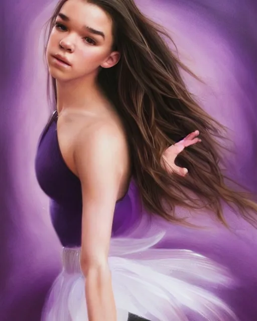 Image similar to hailee steinfeld as a ballerina, perfect face, purple halter top, black hair, abs, cinematic, young adult, slim face, stunning, adorable, cute, athletic, strong, agile, highly detailed, psychedelic, digital painting, artstation, smooth, hard focus, illustration, art by jessica rossier and and brian froud