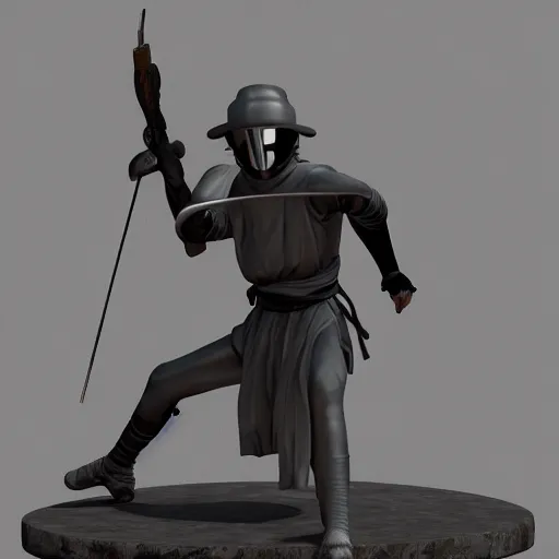 Prompt: 3 d octane rendering of marble and chrome statue of ninja wearing full face mask and hunter hat, technological, octane render