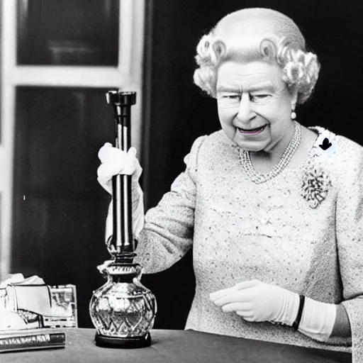 Image similar to Queen Elizabeth using a bong