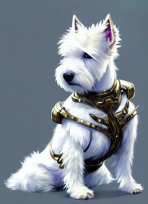 Image similar to a west highland white terrier, anime art style, wearing futuristic, led - lit armor, and a cannon mounted on his back, portrait, high detail, sharp focus, digital painting, artstation, concept art, art by hayao miyazaki and artgerm and greg rutkowski and alphonse mucha.