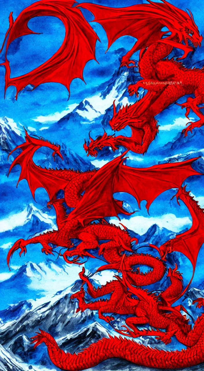 Prompt: a red dragon fighting a blue dragon with mountains in the background