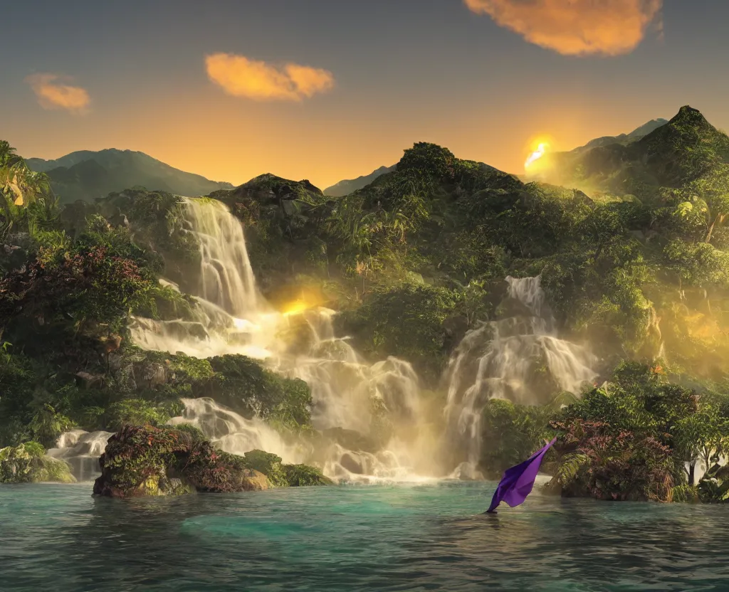 Image similar to a low-poly render of a big purple hand holding the orange setting sun on the ocean horizon. a green tinted transparent beckoning lady in front of a waterfall. a cream colored abandoned building featuring two statues and pitch black periphery. a prehistoric jungle scene with a mountain in the background.