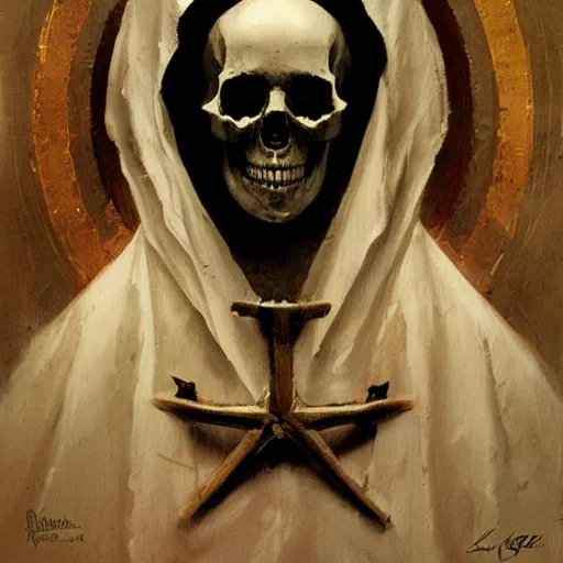 Prompt: painting of the virgin mary skull face by greg rutkowski and jc leyendecker