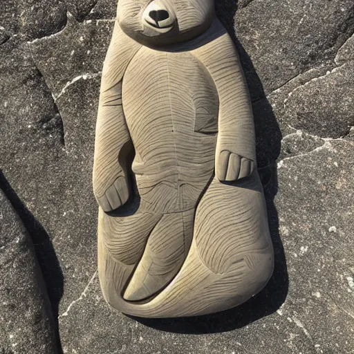 Prompt: paddling bear, stand up paddleboard, sup, in the style of soapstone carving, in the inuit carving style, soapstone, etching,