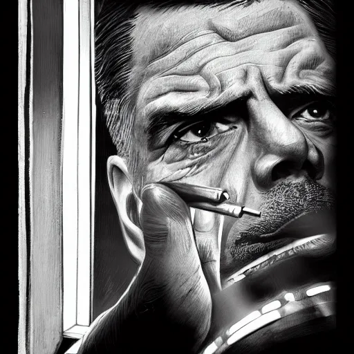 Prompt: Mr. House, realistic, highly detailed face, looks at the nuclear explosion, from the window of the Lucky 38 Casino, man smokes a cigar, ! holding in his Hand !, arm, cigarette advertising, hyperdetailed, artstation trending, ultra HD, artstation, photorealism, ultrarealistic, retro, 45mm, elegant,