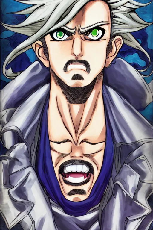 Image similar to jojo's bizzare adventure manga character portrait, boy with blue eyes and long blonde hair, symmetrical face happy, mustache, stubble, steel ball run, handsome face, jojo's bizzare adventure, illustrated by hirohiko araki, illustration