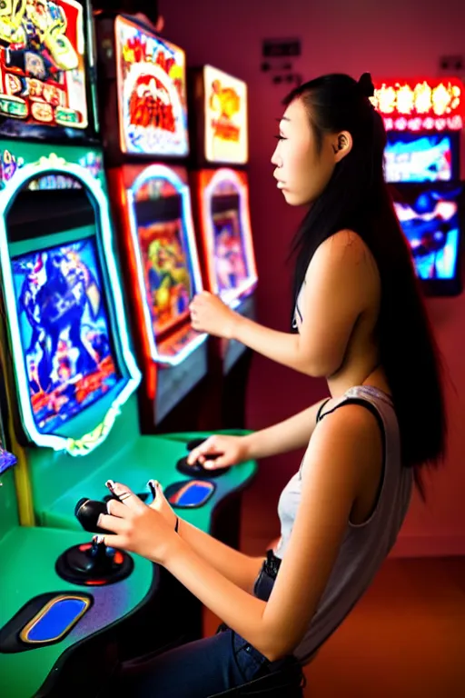 Image similar to full view, from a distance, of taiwanese girl with tattoos, wearing a cowboy hat, playing video games in arcade, highly detailed