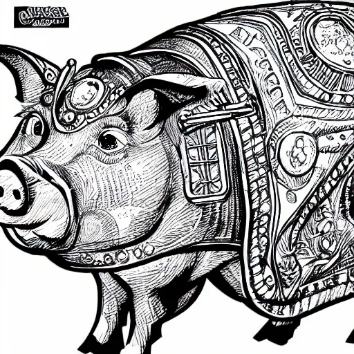 Image similar to detailed lineart comic book drawing of pig wearing a gold crown in the style of jim lee