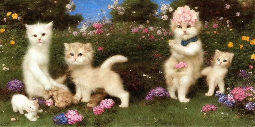 Prompt: 3 d precious moments plush puppy and kitten with realistic fur and gold, white, pastel blue, deep greencolor scheme, field of flowers, master painter and art style of john william waterhouse and caspar david friedrich and philipp otto runge