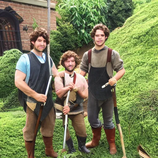 Prompt: handsome attractive hobbit dudes doing fantasy yardwork