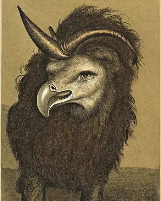 Image similar to a creature with the body and eyes of a man, with the beak of an eagle, the mane of a lion, and the horns of an ox. drawn by francis bacon