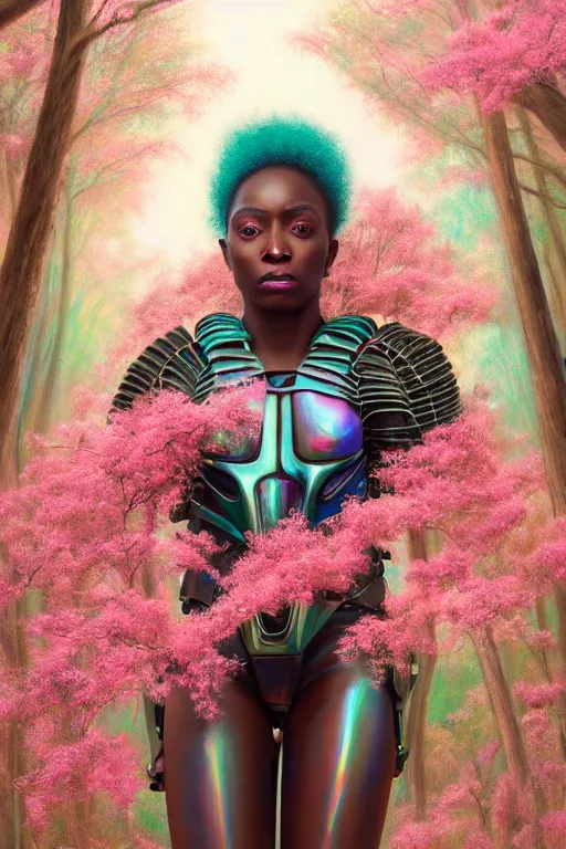 Image similar to hyperrealistic post - renaissance cinematic super expressive! yoruba goddess with exoskeleton armor, merging with tree in a forest, pink orange flowers, highly detailed digital art masterpiece, smooth cam de leon eric zener dramatic pearlescent soft teal light, ground angle hd 8 k, sharp focus