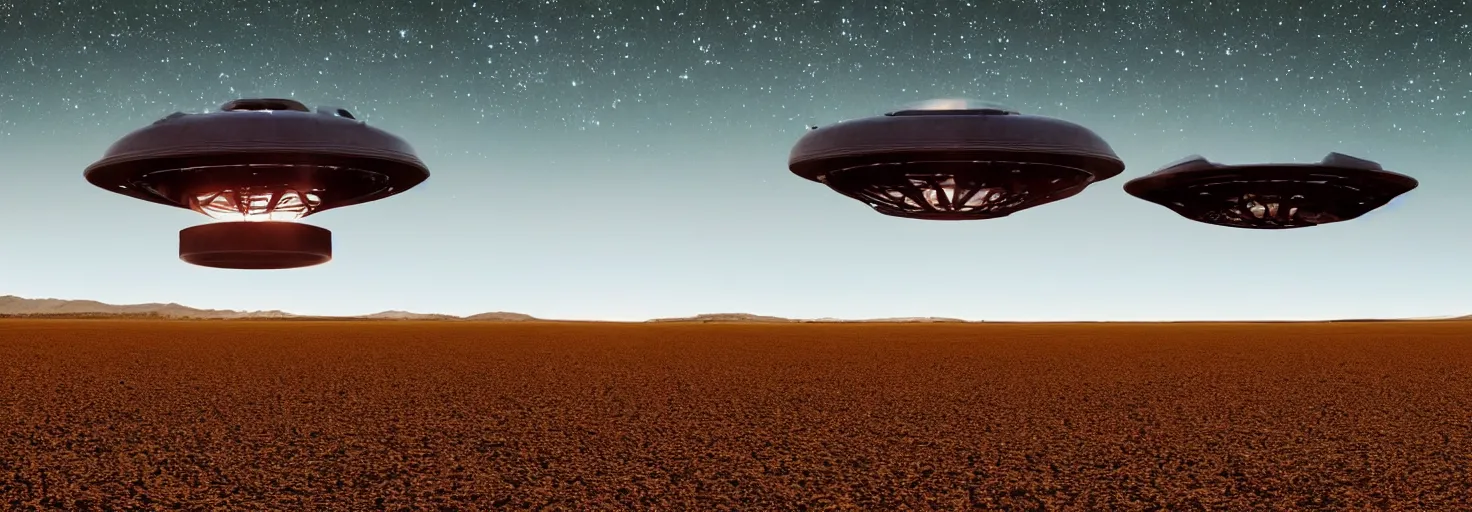 Prompt: A UFO flying over a farm in the Nevada desert at night, incredible light, cinematic, volumetric, 8K, concept art, trending on instagram