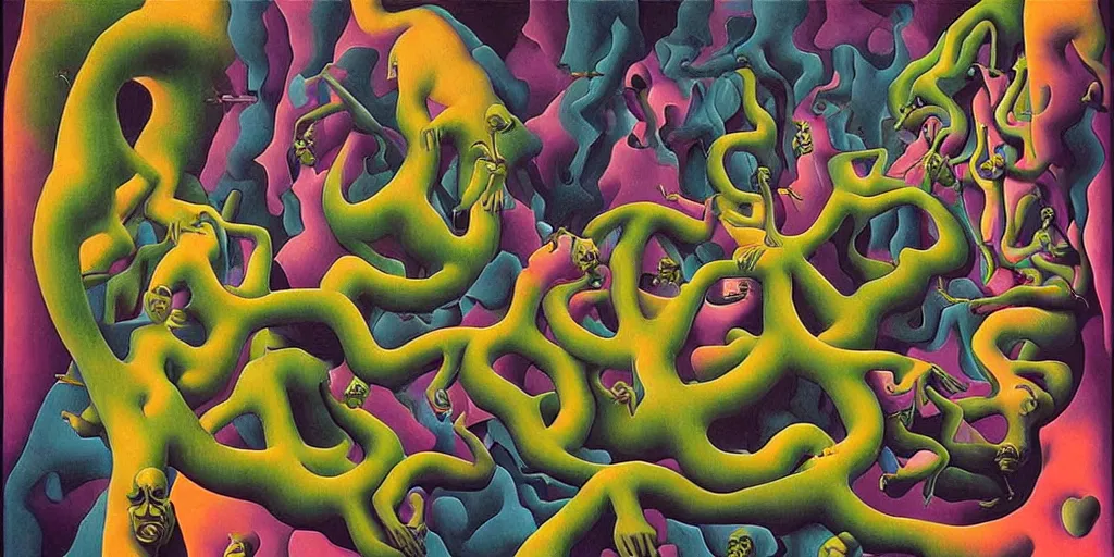 Image similar to basilisk, pain, pleasure, suffering, adventure, ( ( ( psychedelic dripping color ) ) ) love, abstract oil painting by mc escher and salvador dali gottfried helnwein