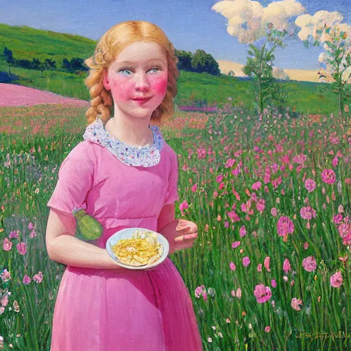 Image similar to A painting of a young girl with blonde hair, blue eyes, and a pink dress. She is standing in a meadow with flowers and trees. mac and cheese, fire, DayGlo pink by Paul Gustave Fischer, by Pieter Claesz, by Hope Gangloff