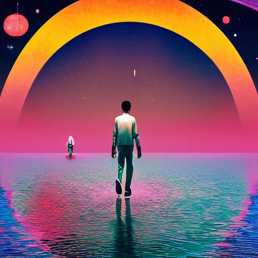 Image similar to a man walking on water under the stars by takashi murakami, beeple and james jean, aya takano color style, 4 k, super detailed