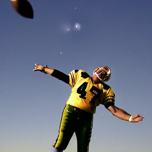 Prompt: brett favre throwing a football to the moon, high resolution, panoramic