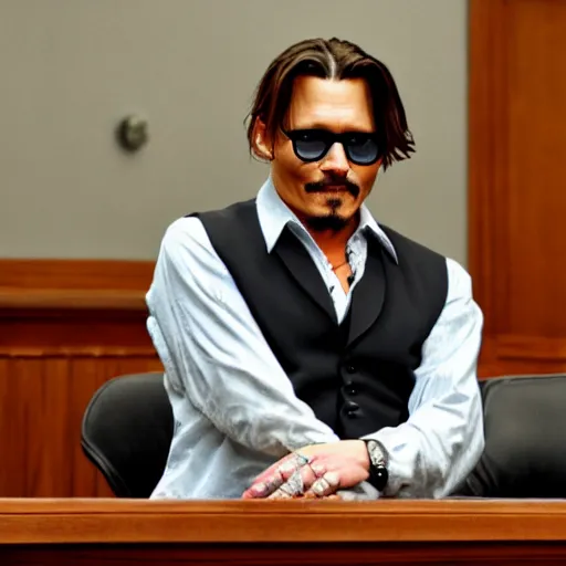 Image similar to Johnny Depp happy in courtroom , ultra Realistic 8k